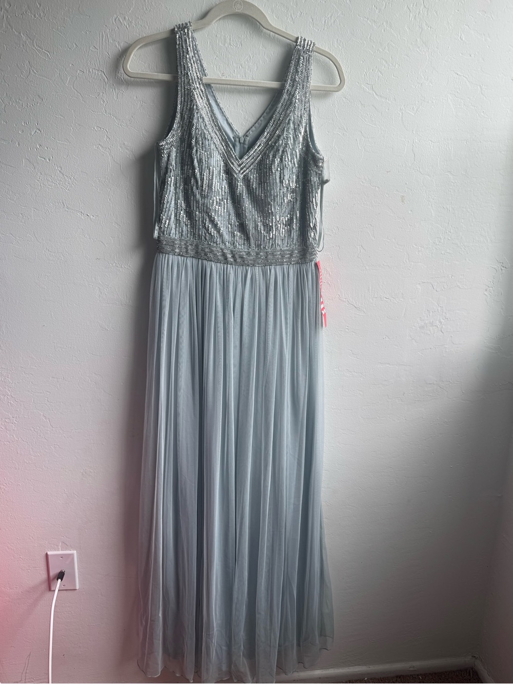 Light blue Silver Sequin Bodice V-Neck Maxi Dress size 8 evening dress NWT
